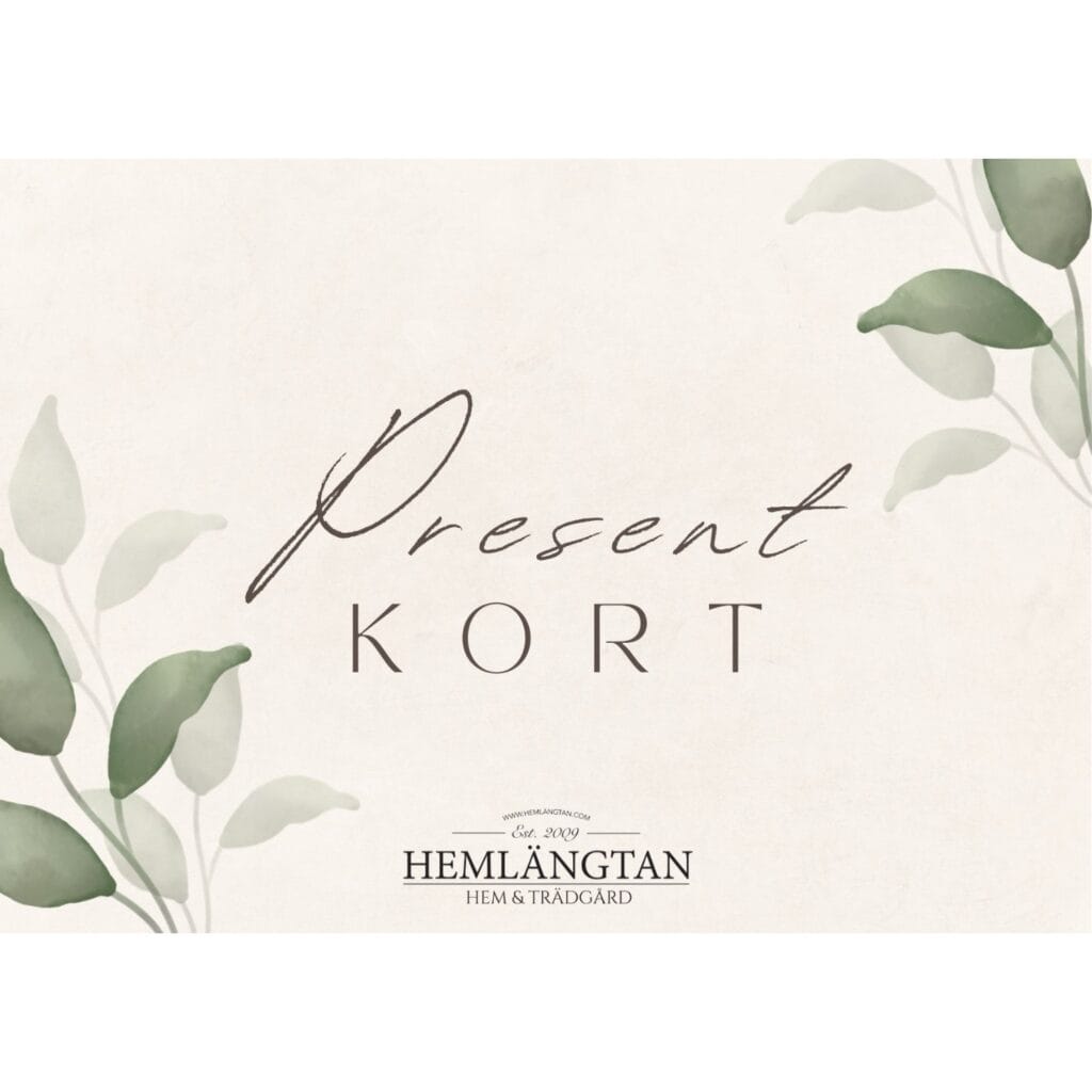Elegant presentkort från Hemlängtan med stilren design i beige och grönt, dekorerat med akvarellillustrationer av blad.