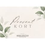 Elegant presentkort från Hemlängtan med stilren design i beige och grönt, dekorerat med akvarellillustrationer av blad.