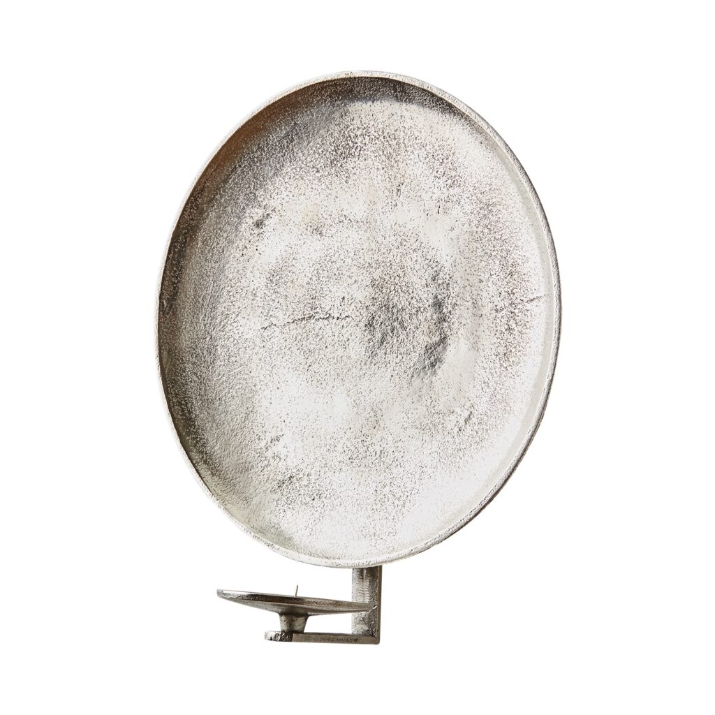 Rund väggljusstake CARTER i nickelfärgad aluminium, 30 cm, med strukturerad metallyta och ljushållare.