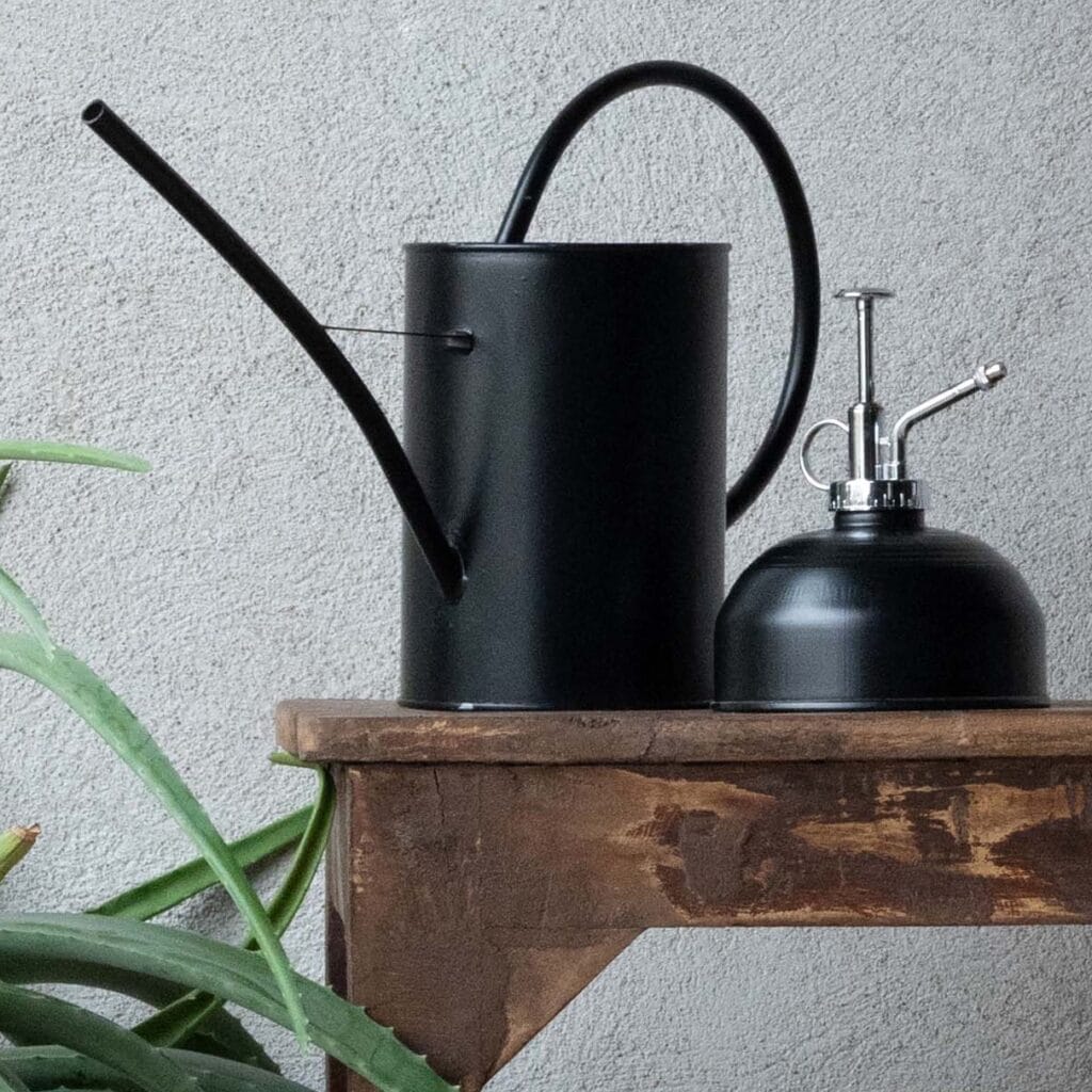 Svart vattenkanna i metall – Savanna från Wikholm Form, stående på ett rustikt träbord bredvid en växtspruta
