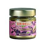 Glasburk med Gridelli siciliansk pistagekräm, 200 g. Ljusgrön pistagekräm i exklusiv glasburk med lila och guldfärgad etikett.