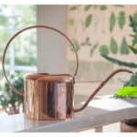 Vattenkanna i koppar från Reydig, 1,4 liter – elegant design med lång pip, stående på fönsterbräda bland gröna växter.