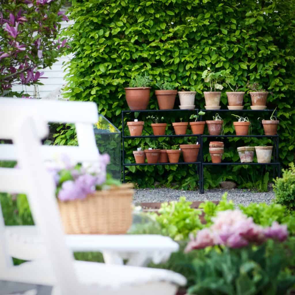 Två trapphyllor från varumärket Esschert Design står bredvid varandra i en grönskande trädgård. Hyllorna är fyllda med olika terrakottakrukor och växter. I förgrunden syns en vit trädgårdsstol och en korg med blommor.