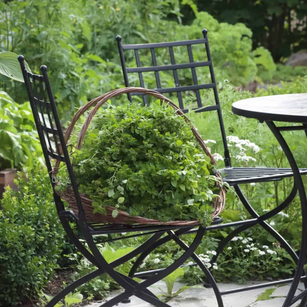 Skördekorgen IRIS från Strömshaga fylld med färsk oregano, placerad på en svart trädgårdsstol i en grönskande trädgård.