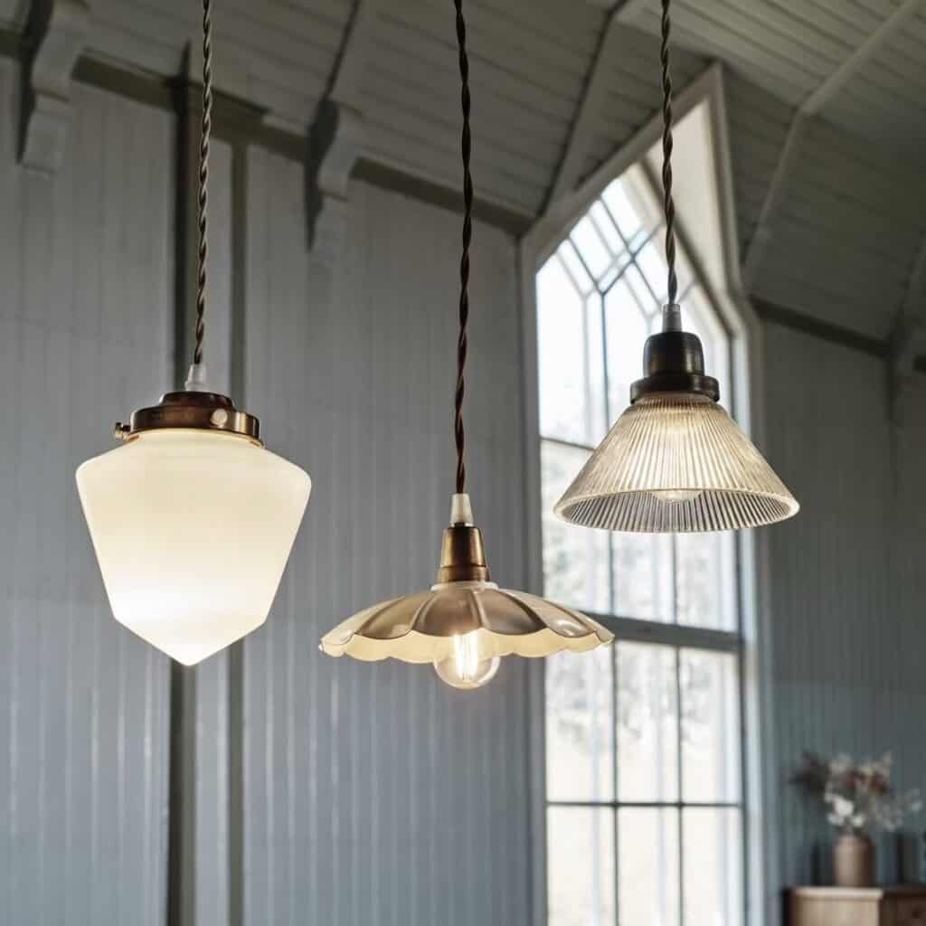 Taklampa Gustav Vit med vågig glaskupa och mässingssockel hängande i hall med spegel och keramik.