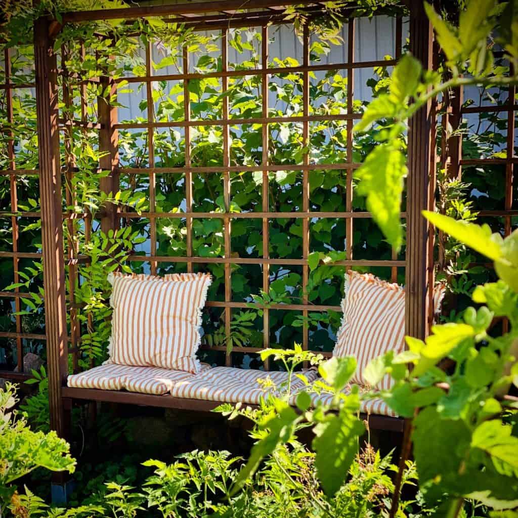 Trädgårdsbänk med orange- och vitrandiga kuddfodral från Madam Stoltz, omgiven av grönskande växter i en lummig trädgård.