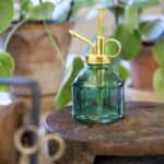 Elegant blomspruta i grönt glas med guldfärgad pump, placerad på en rustik träyta med gröna växter i bakgrunden. Perfekt för att ge dina växter en fräsch dusch.