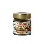 Glasburk med Gridelli Crema alla Nocciola, ekologisk hasselnötskräm med gyllene lock och elegant etikett, fotograferad mot en vit bakgrund.