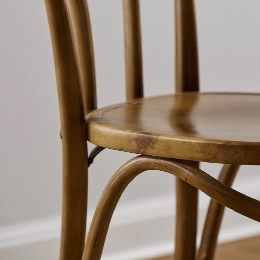 Detaljbild av Stol BISTRO i björk som visar sits och böjt trä
