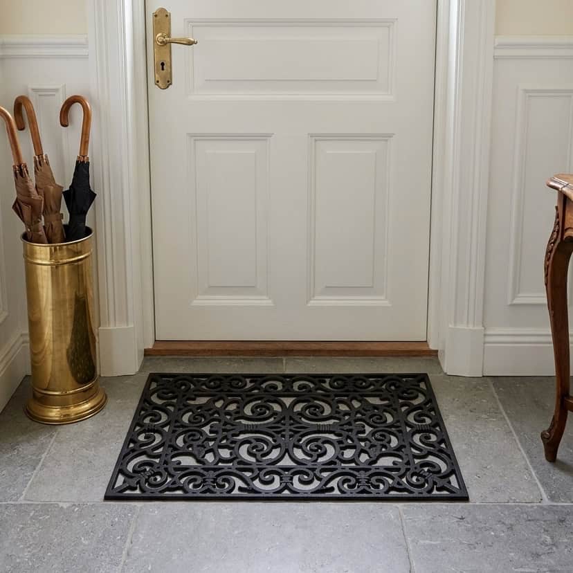 Dekorativ dörrmatta Versailles i svart gummi placerad i entré på grått stengolv.