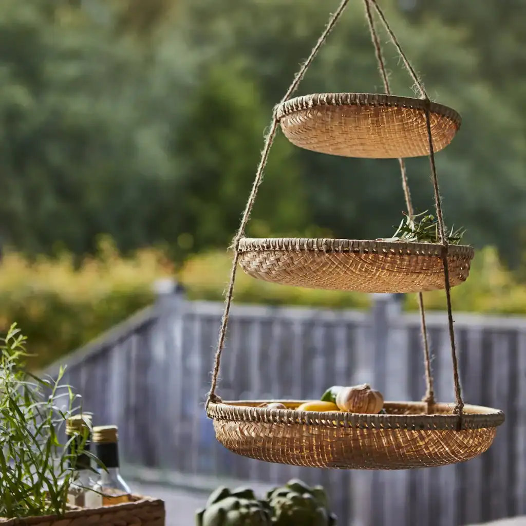 SUNNY hängande bambukorg fylld med vinflaska och frukter på ett rustikt träbord, perfekt för en naturnära inredningsdetalj.
