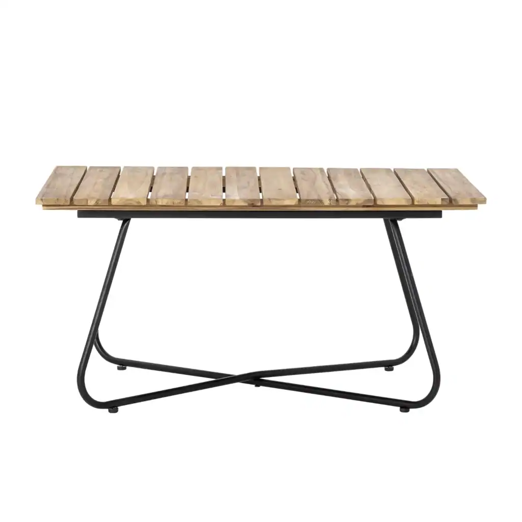 Hampton utebord från Bloomingville, bestående av ett svart metallunderrede och en robust bordsskiva i akaciaträ, lämpligt för användning på uteplatser och i trädgårdar.