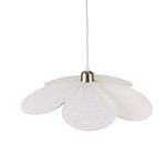Närbild på taklampa DAISY från Strömshaga, formad som en blomma med beige linneklädda kronblad och en textilsladd i beige.