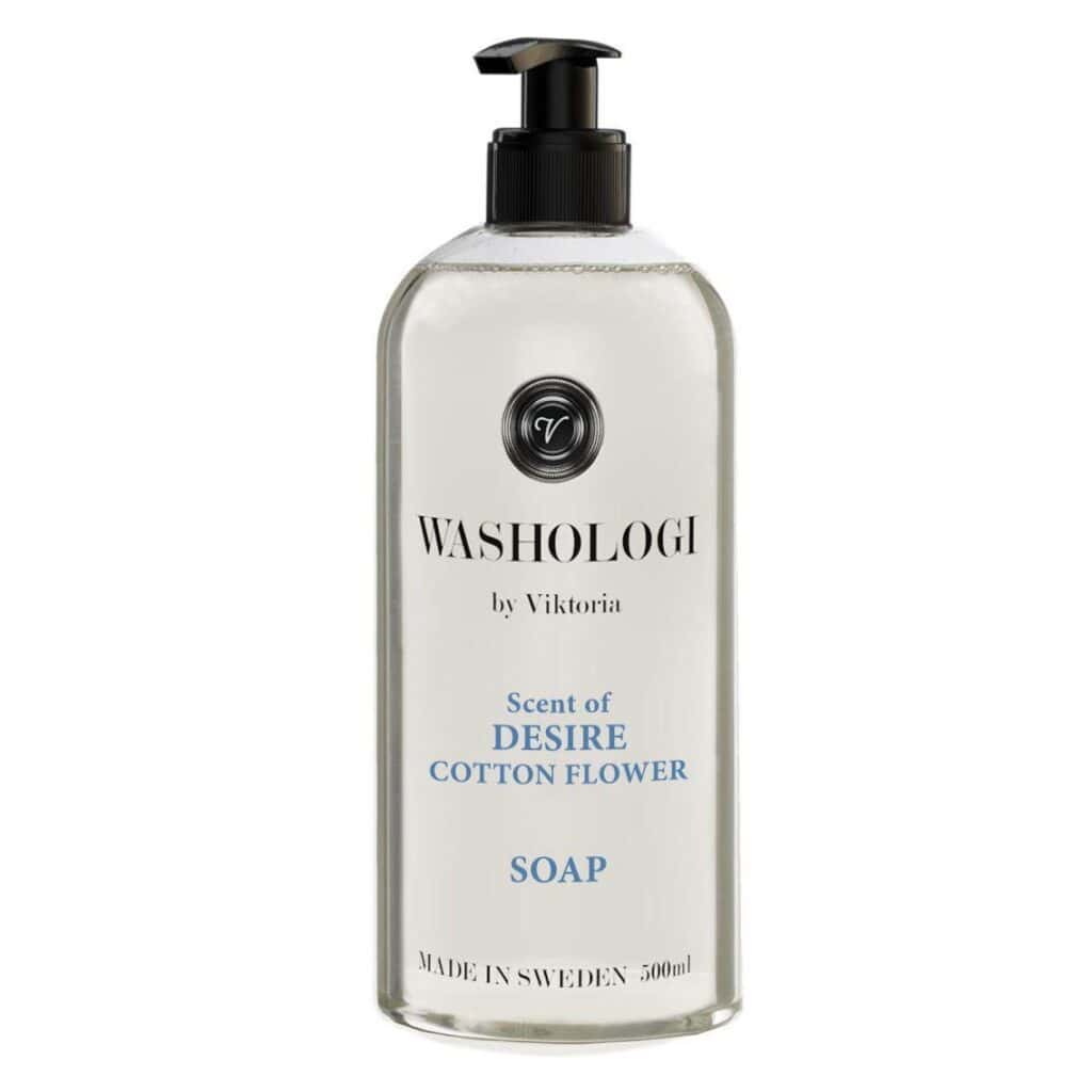 Washologi's flytande tvål Desire med doft av bomullsblomma, innehållande vårdande aloe vera, 500 ml.