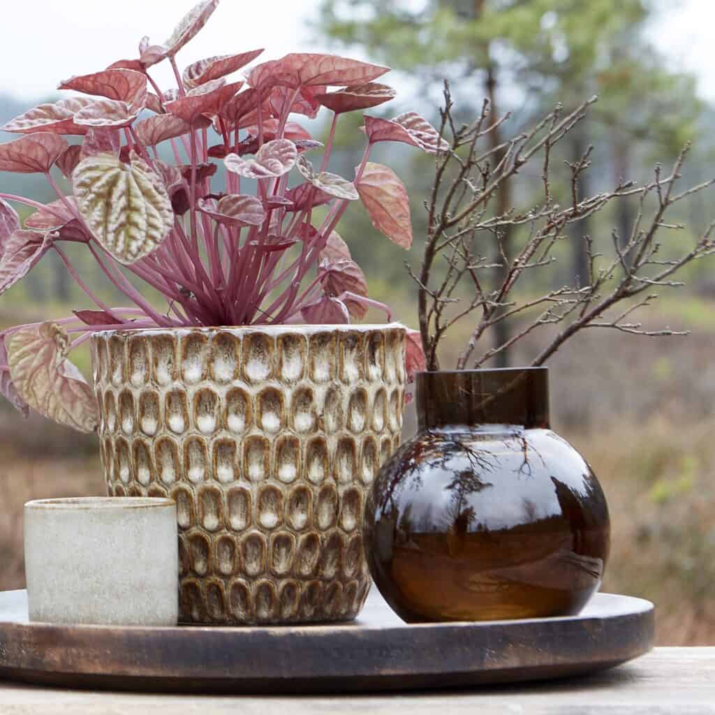 Bubbla-vas i bärnstensglas bredvid en rustik kruka med rosa växter.