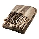 Närbild på FRASSE-filt från Affari of Sweden i färgerna brun, beige och grå med mjuka fransar, hopvikt för att visa den fluffiga texturen.