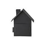 Baksidan av en svart ljuslykta i form av ett hus med en öppningsbar dörr.