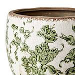 Detaljbild av Victoria-krukan som visar det blommiga, gröna mönstret och den glaserade, krackelerade ytan på stengodset.