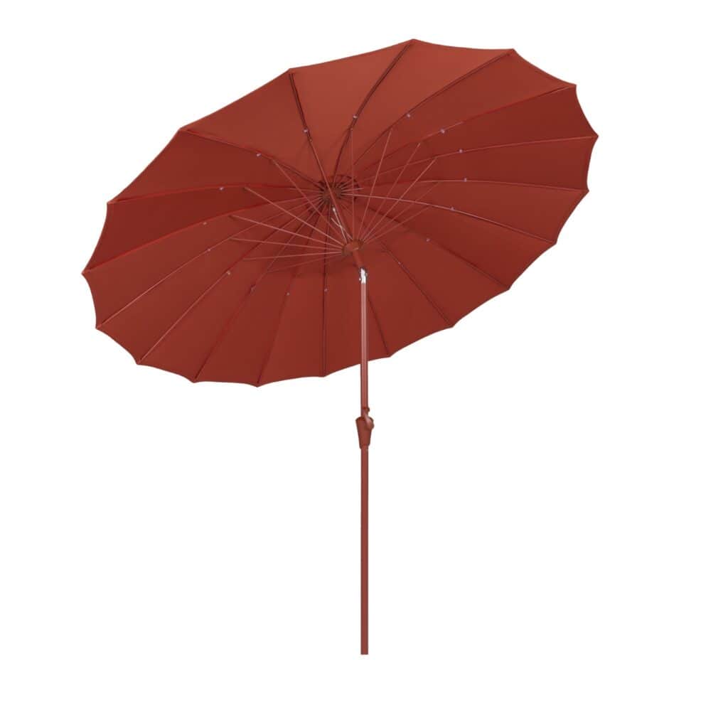Marsalarött parasoll från Zuiver sett underifrån, med detaljerade spröt och robust konstruktion.