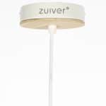 Närbild på takkåpan till taklampa Belle från Zuiver, med vit metall, trädetaljer och den tydliga Zuiver-logotypen.