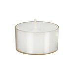 Närbild på ett vitt värmeljus i transparent kopp, tillverkat av paraffin, perfekt för mysig stämning och dekoration.