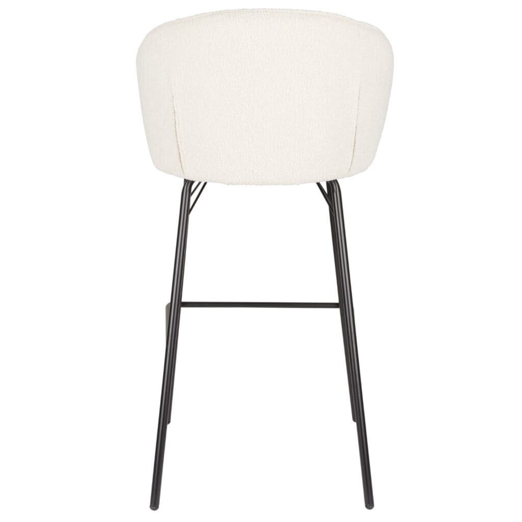 Barstol JOA Vit sedd bakifrån, med en mjuk vit rygg i polyester och stabila svarta metallben – en stilren och bekväm barstol för köket eller bardisken.