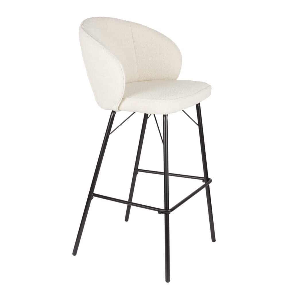 Stilren barstol JOA Vit med mjuk, vit sits i polyester och svarta metallben – perfekt för köksön eller bardisken.