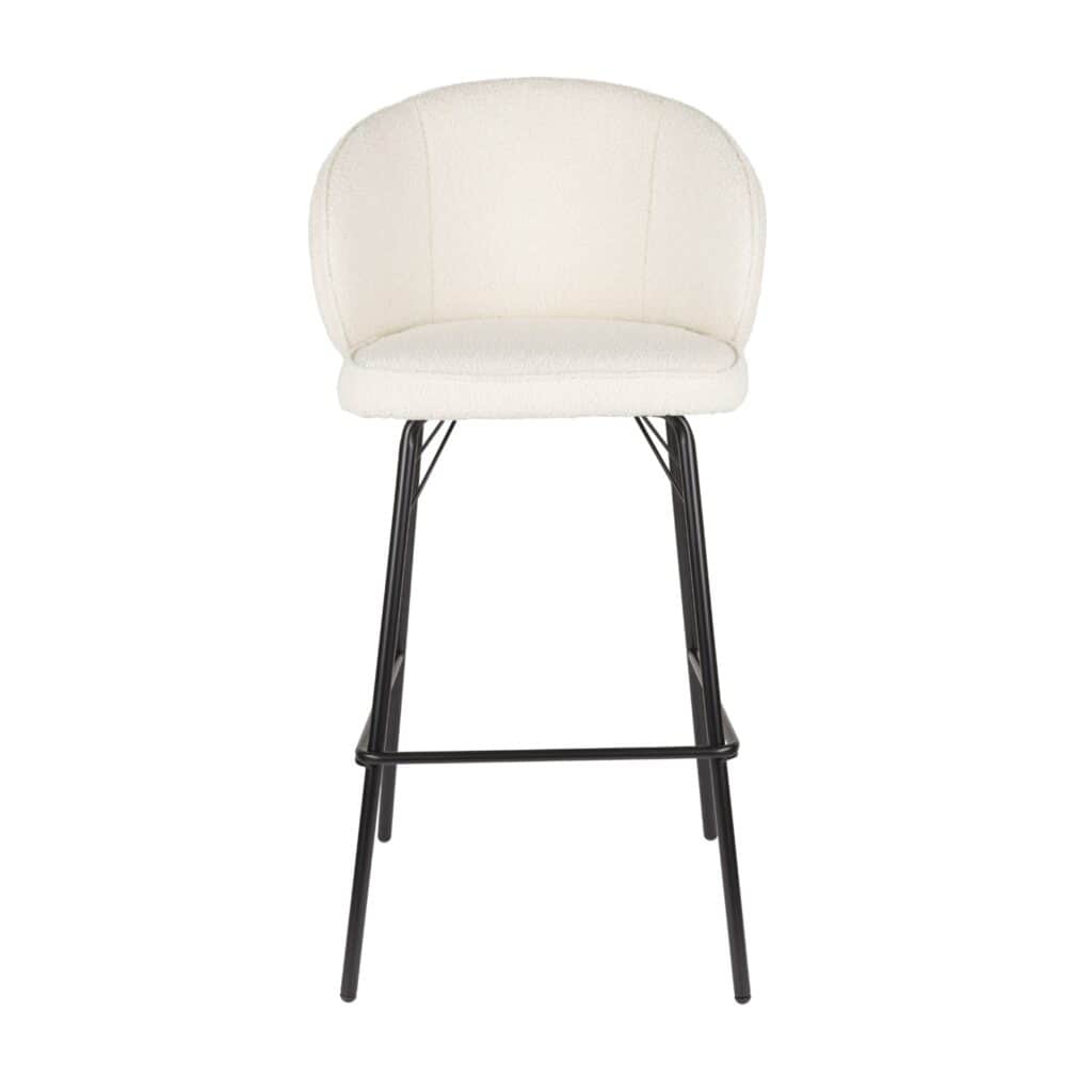 Barstol JOA Vit sedd framifrån, med mjuk vit sits i polyester och stabila svarta metallben – perfekt för köksön eller bardisken.