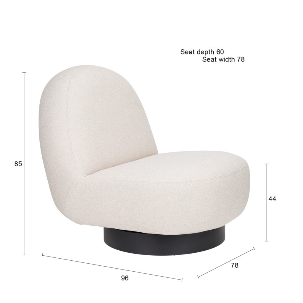Måttskiss av Lounge Chair Eden Latte från Zuiver, med angivna dimensioner: höjd 85 cm, bredd 78 cm, djup 96 cm, sitthöjd 44 cm, sittdjup 60 cm och sittbredd 78 cm.