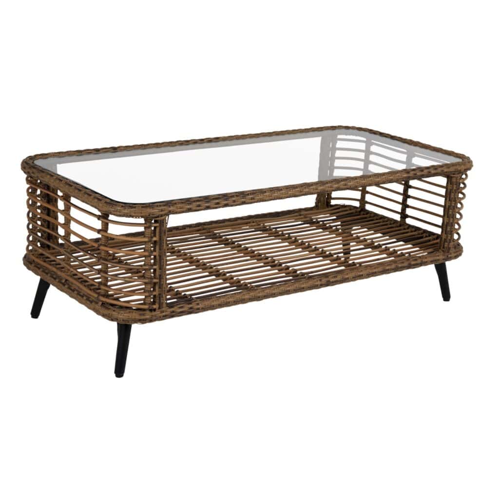 Covelo soffbord i naturfärgad konstrotting med glasbordsskiva och svarta ben – en stilren och praktisk möbel för uterum och uteplats.