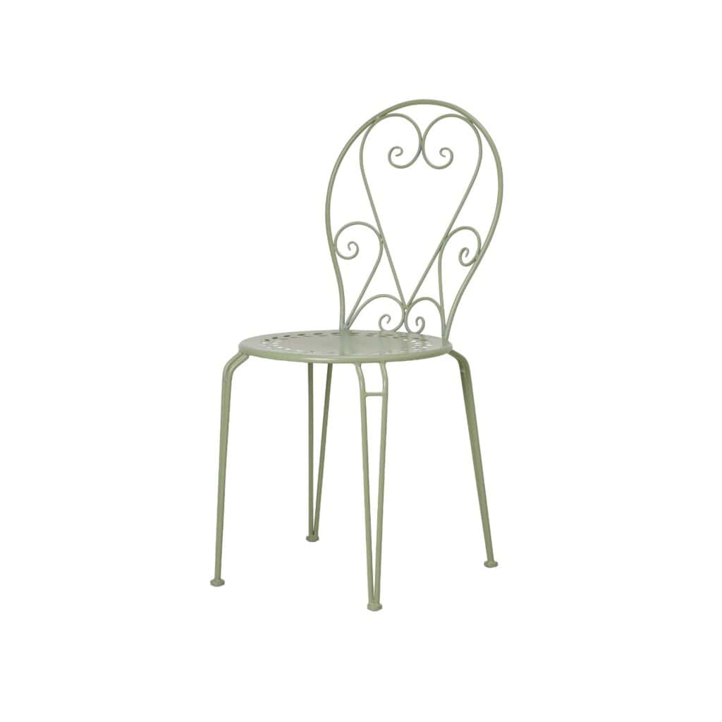 Ljusgrön trädgårdsstol i järn från Wikholm Form med elegant, svängd rygg och dekorativa detaljer, perfekt för uteplats eller balkong.