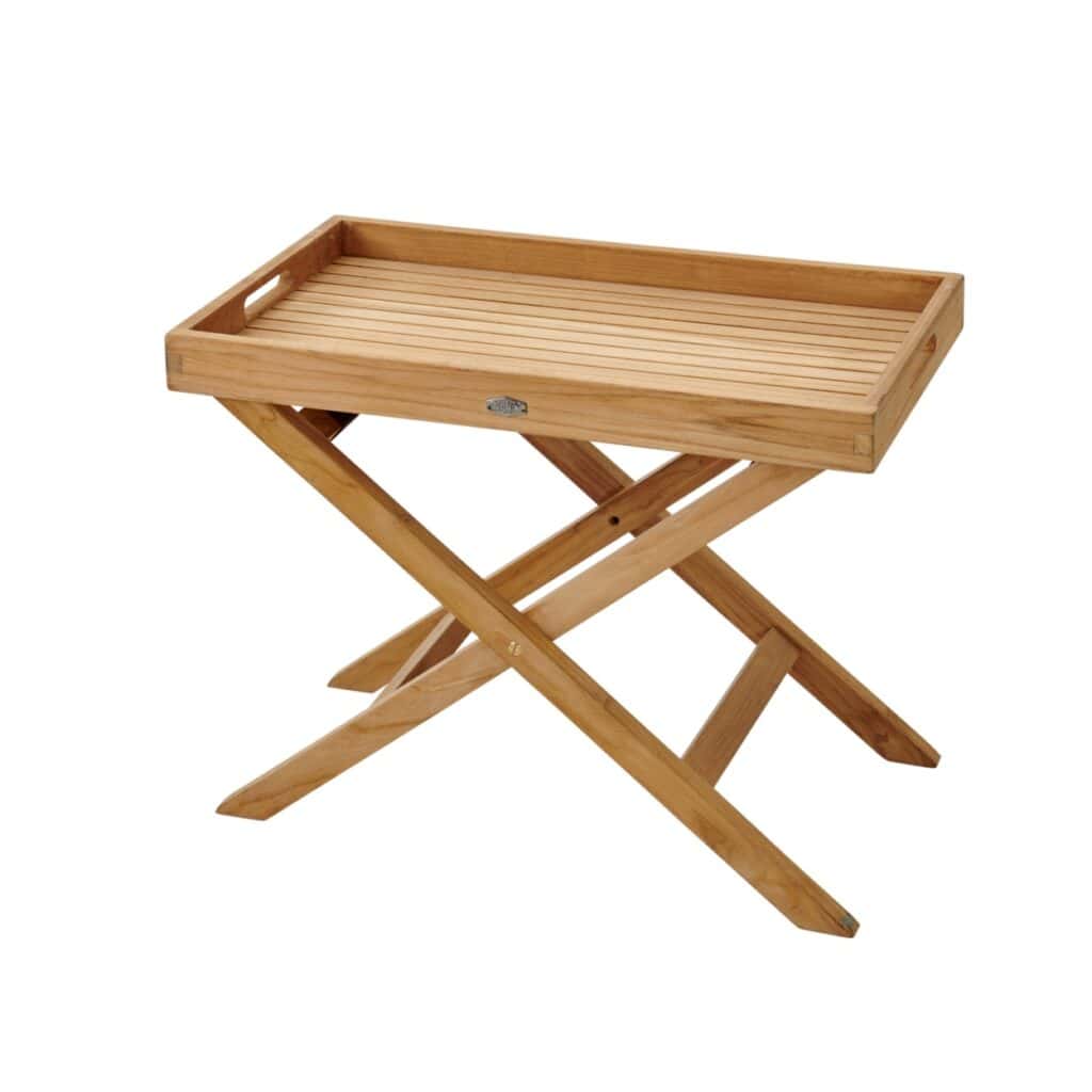 Fällbart brickbord i teak från Brafab – Turin låg modell med kryssben och naturfärgad finish