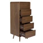 Byrå RISE i valnöt med sex rymliga lådor, varav fyra är delvis utdragna. Stilren design med mjuka former, smala ben och praktisk förvaring.