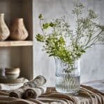 ELSA bordduk i beige bomull, dekorerad med en glasvas fylld med vilda blommor. Perfekt för en naturnära dukning.