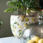 Lemona Kruka från Affari of Sweden med citronmönster och rustik patina, planterad med en grön palm. I förgrunden syns citroner under en glaskupa.