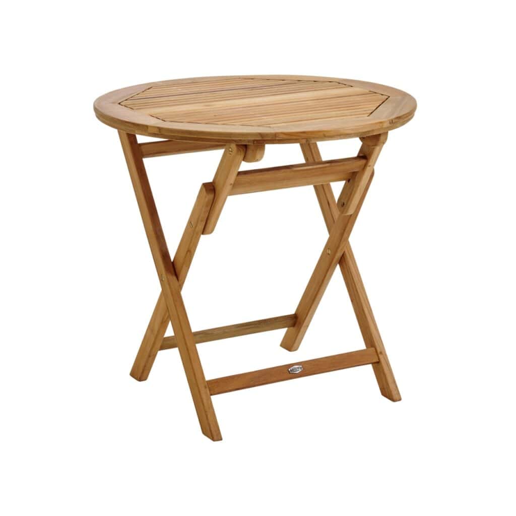 Turin runt matbord i teak från Brafab – ett stilrent, fällbart bord med en diameter på 80 cm, perfekt för uteplats, balkong eller trädgård.