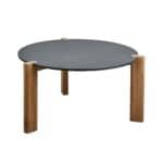 Soffbord DOMINO 70 cm från Brafab med antracitfärgad laminatskiva och robusta ben i teak – en stilren och hållbar lösning för uteplatsen.