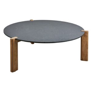 Brafab Domino soffbord med rund antracit laminatskiva och robusta teakben, perfekt för utomhusbruk.