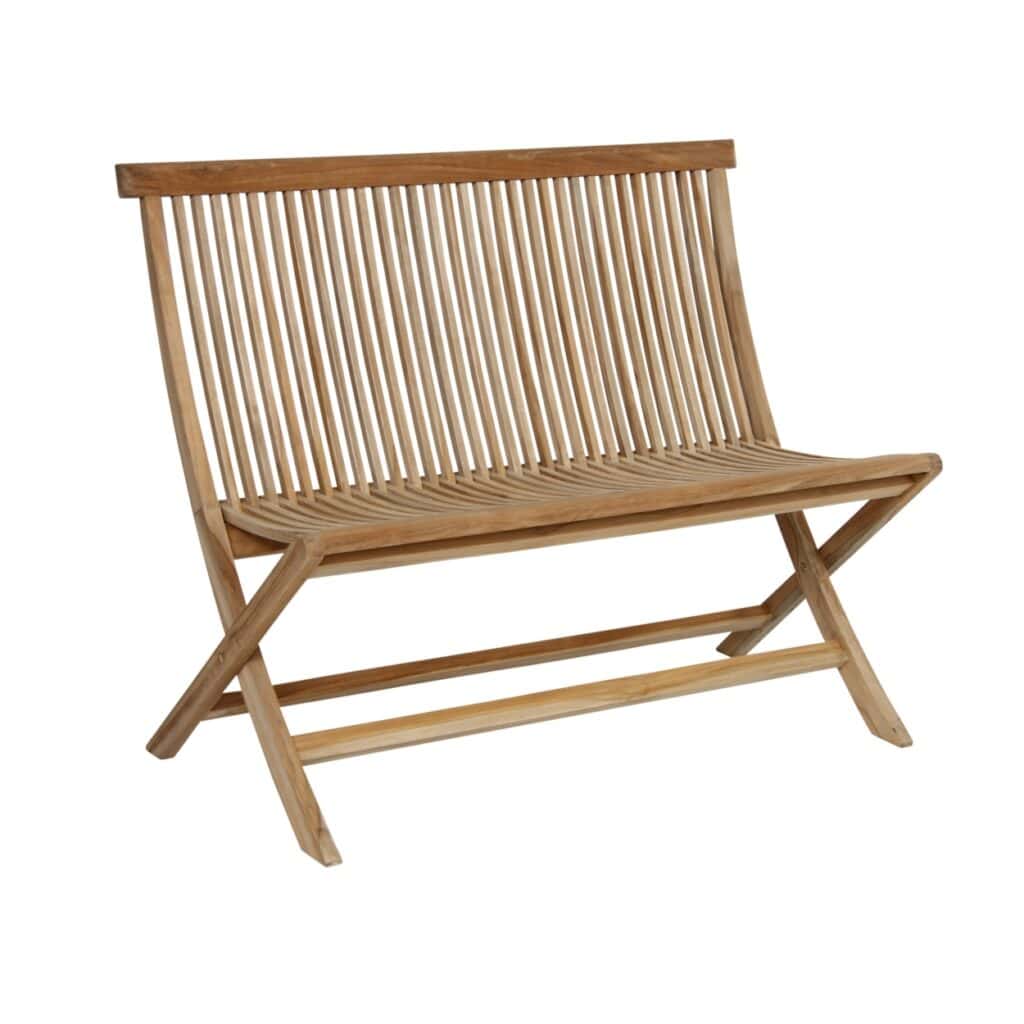 Turin 2-sitssoffa i teak från Brafab – en stilren och hopfällbar trädgårdssoffa med ribbad design, perfekt för uteplatsen eller balkongen.