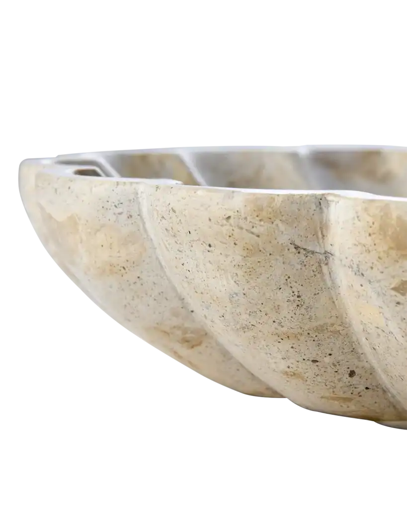 Närbild på utsidan av THYME-skål i beige butterscotch marmor