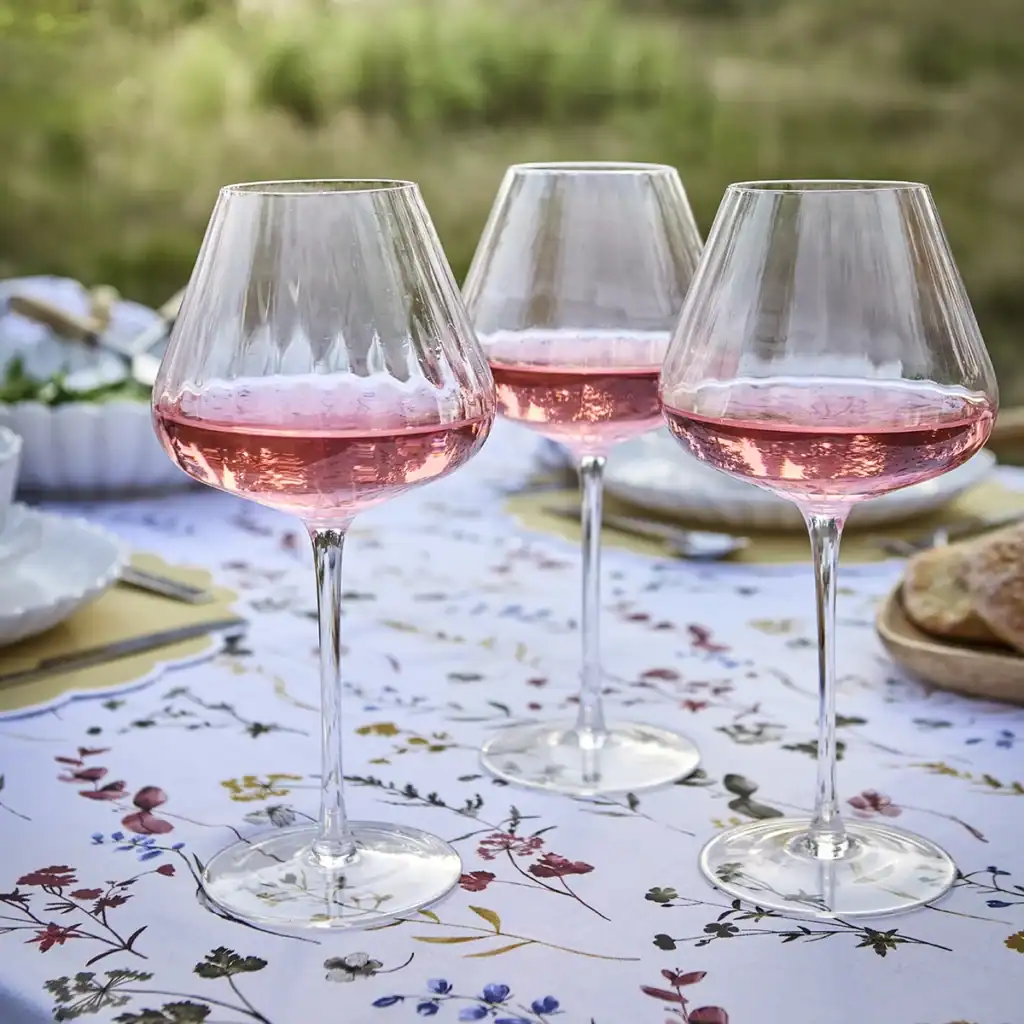 Tre rödvinsglas NOMI med rosévin på sommardukning.