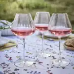 Tre rödvinsglas NOMI med rosévin på sommardukning.