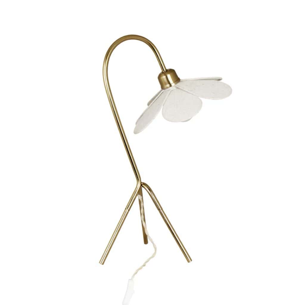 Bordslampa blomformad beige mässing – modell DAISY från Strömshaga med justerbara kronblad och böjd mässingsfot.