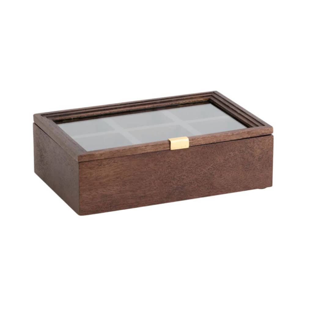 Puyo förvaringslåda med glaslock i mangoträ från Nordal – stilren låda med sex fack för te, smycken eller småsaker.