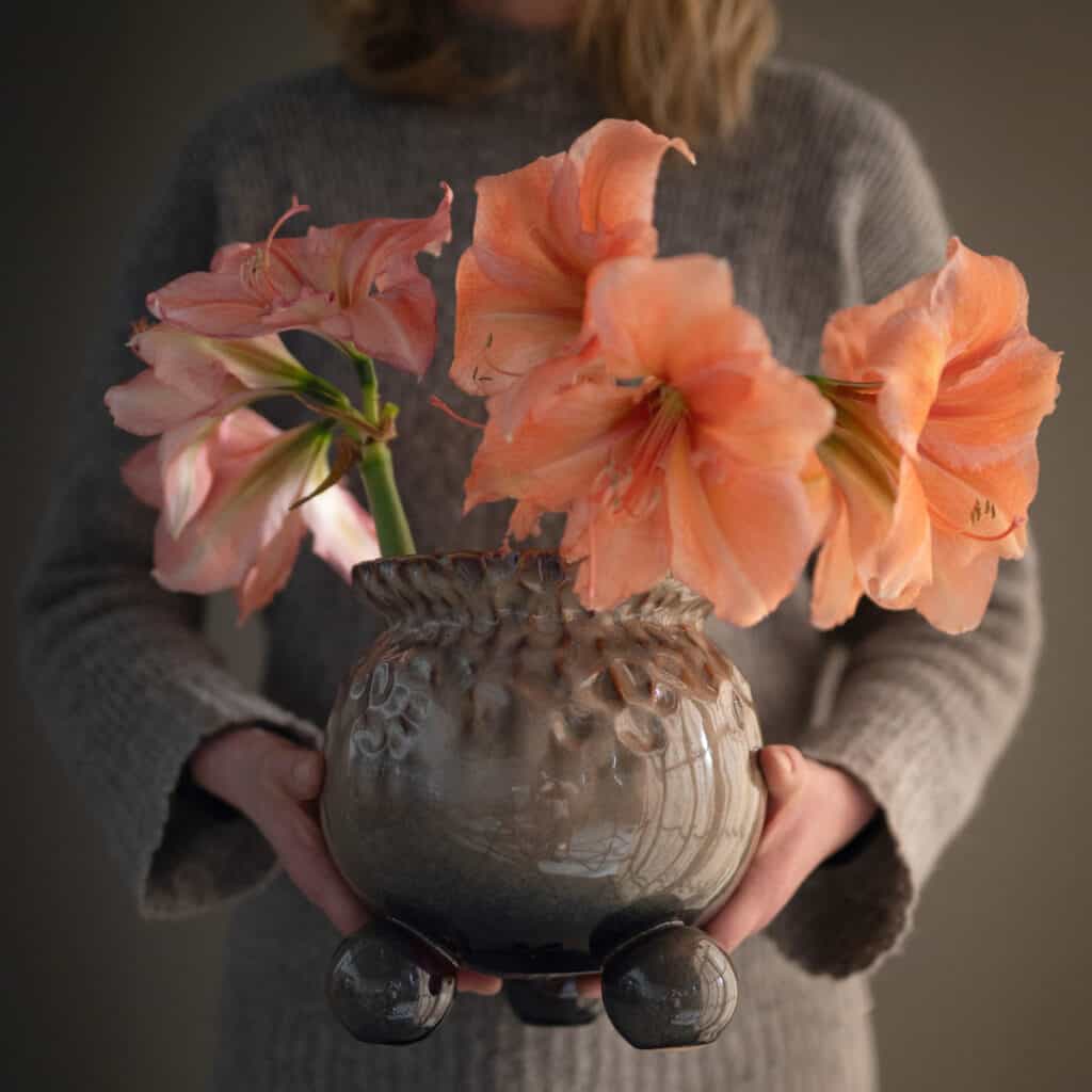 Brunnmelerad Anya-kruka med amaryllis – julens vackraste kombination i varm ton.
