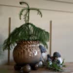 Anya-kruka med liten gran – brunnmelerad glaserad porslinskruka på kulfötter.