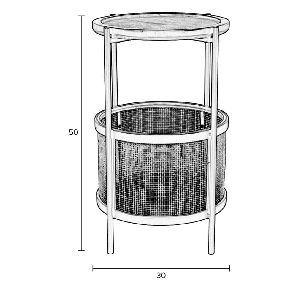 Ritning av Makoto sidobord i svart metall och rotting med måttangivelse – 50 cm högt och 30 cm brett.