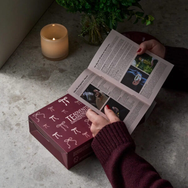 Person läser medföljande häfte till NABOs Teadventskalender 2025 – vinröd ask med pudderrosa rosetter står bredvid ett tänt ljus på ett stengrått bord.