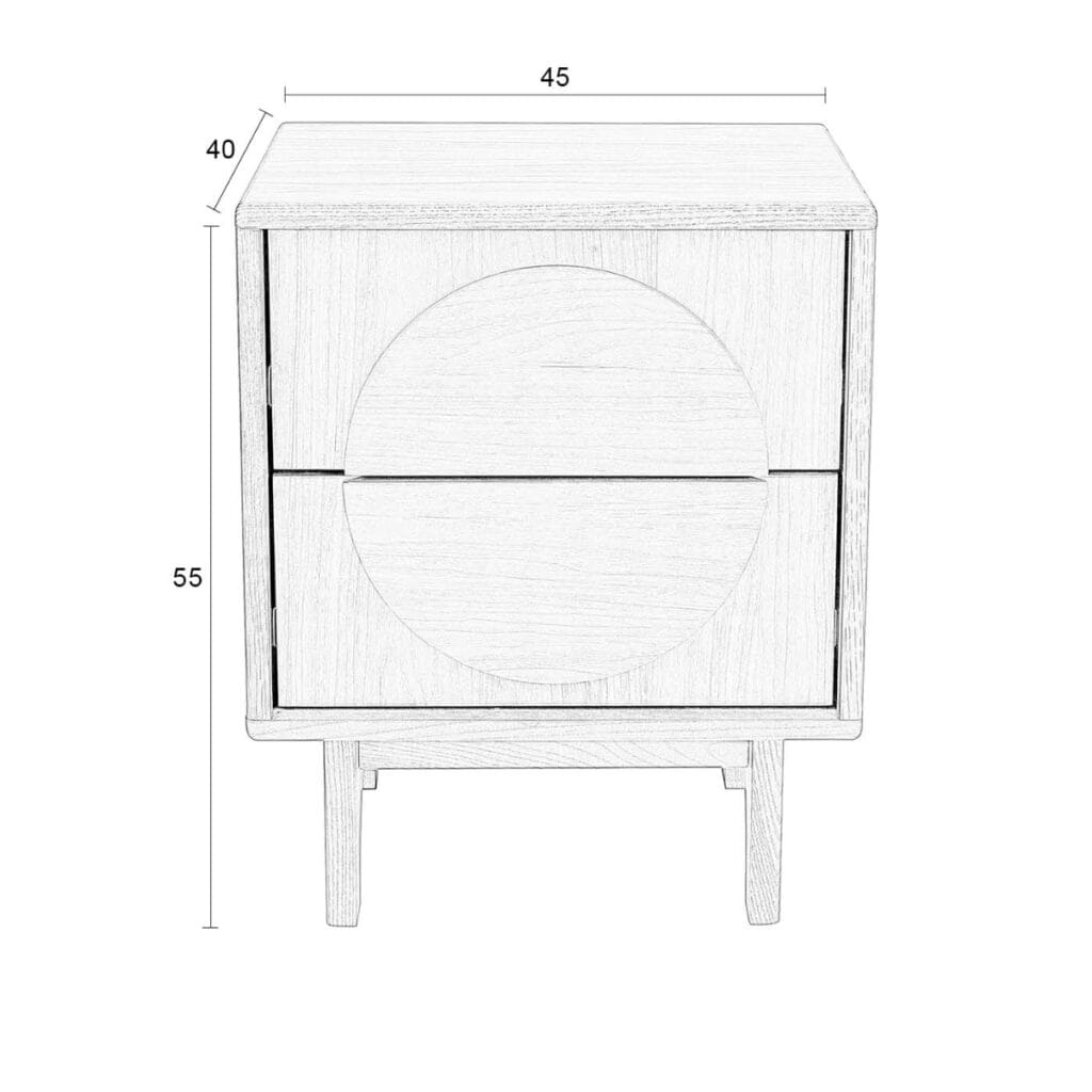 Måttskiss för sängbord Groove från Zuiver – höjd 55 cm, bredd 45 cm, djup 40 cm.