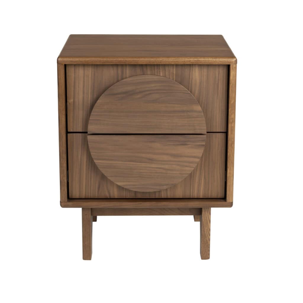 Sängbord i valnötsfanér med runda detaljer och två lådor – Zuiver Groove